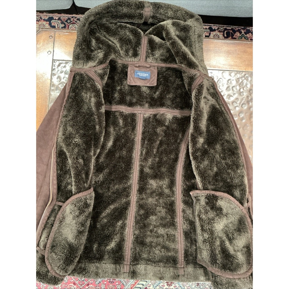 Faux Suede And Shearling Lined coat women Small, Dark Brown, Hooded, Classic - Picture 7 of 11